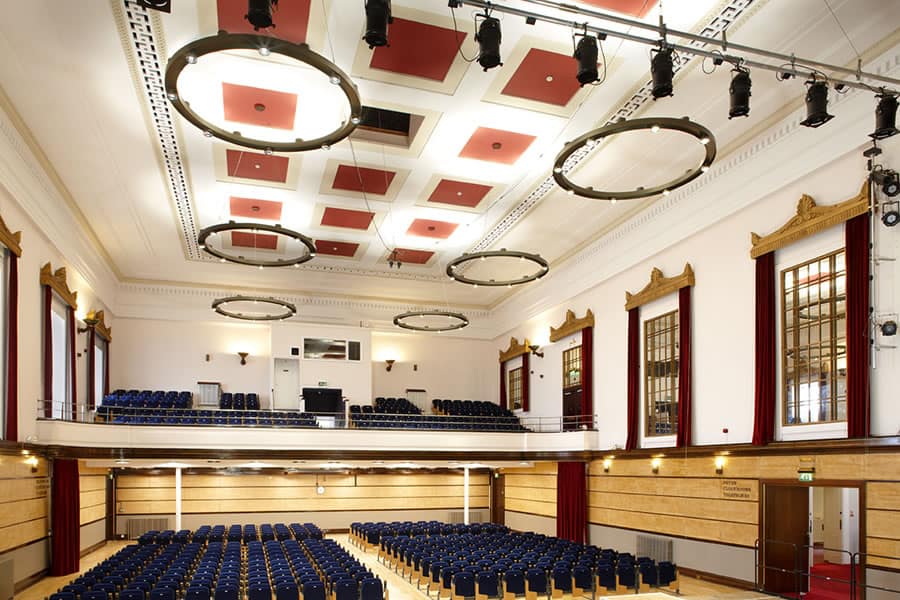 Bright, spacious interior of The Victoria Rooms in Bristol, showcasing sophisticated lighting and cl.