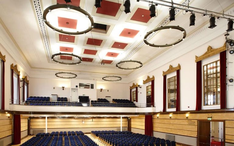 Bright, spacious interior of The Victoria Rooms in Bristol, showcasing sophisticated lighting and cl.