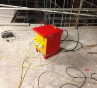 Temporary electrical supply box for cinema power needs.